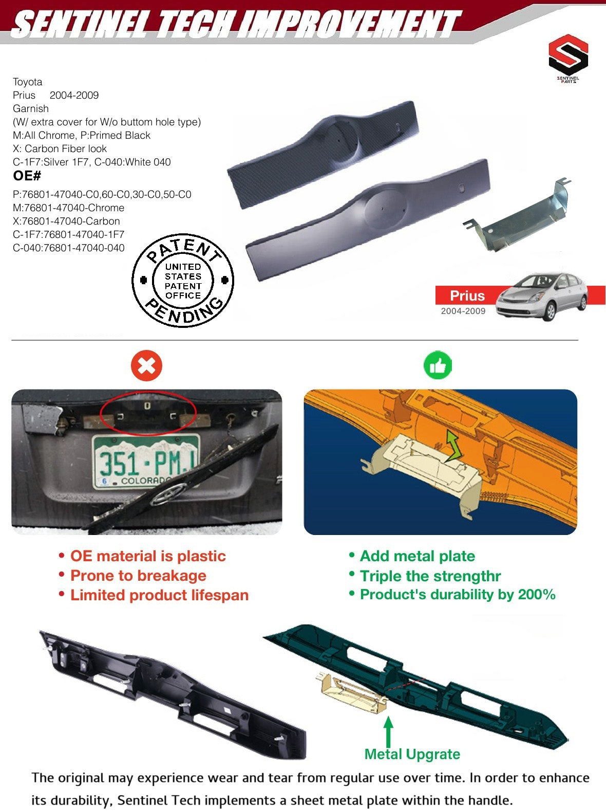 Upgraded Rear Liftgate Tailgate Handle with Metal Plate Compatible with 2004-2009 Toyota Prius Replaces # 76801-47030-C0, 76801-47040-C0 (41 White) - Sentinel Auto Parts
